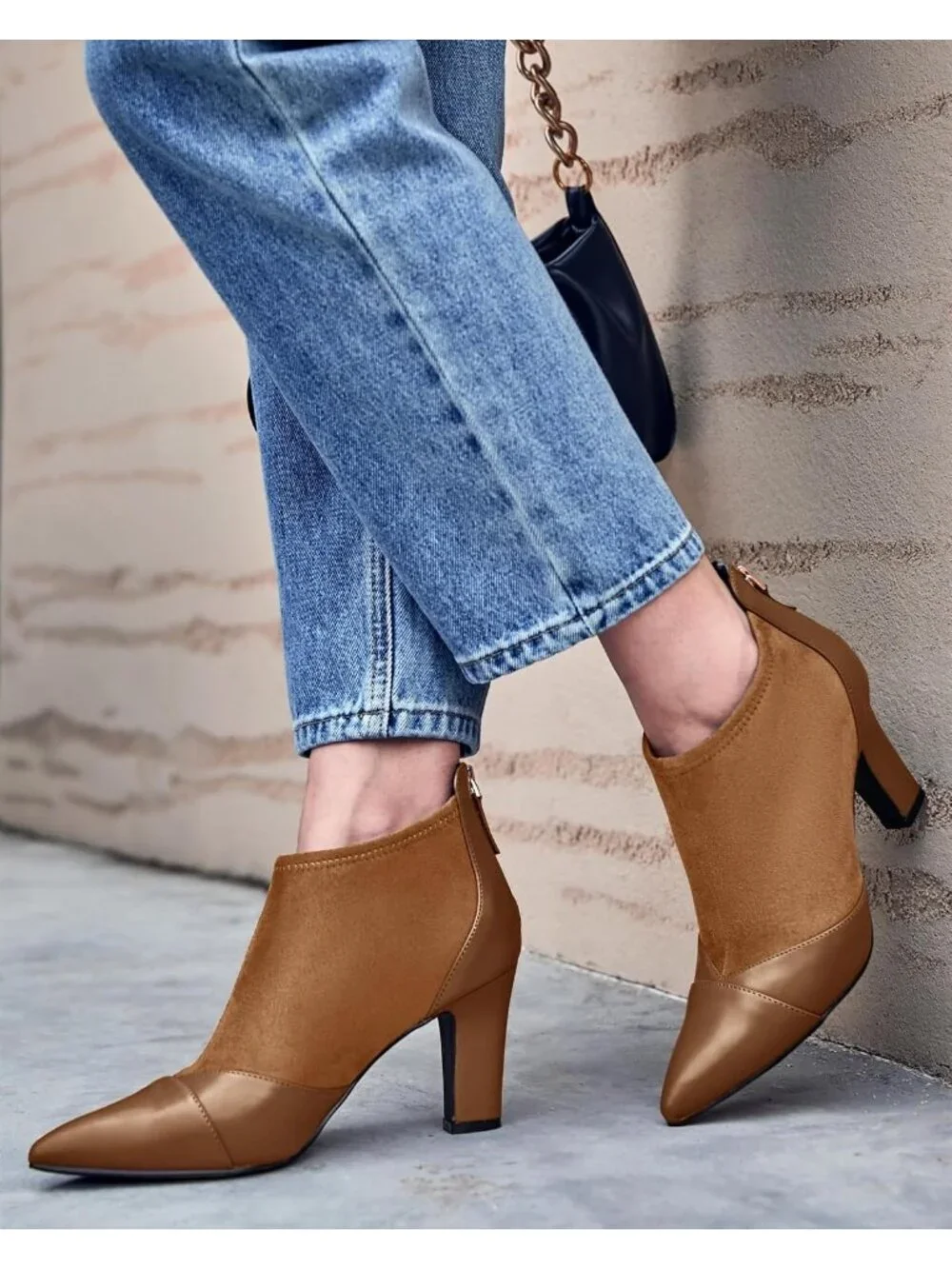 Women's Brown Pointed Toe Stiletto Heel Splicing Back Zipper Ankle Boots